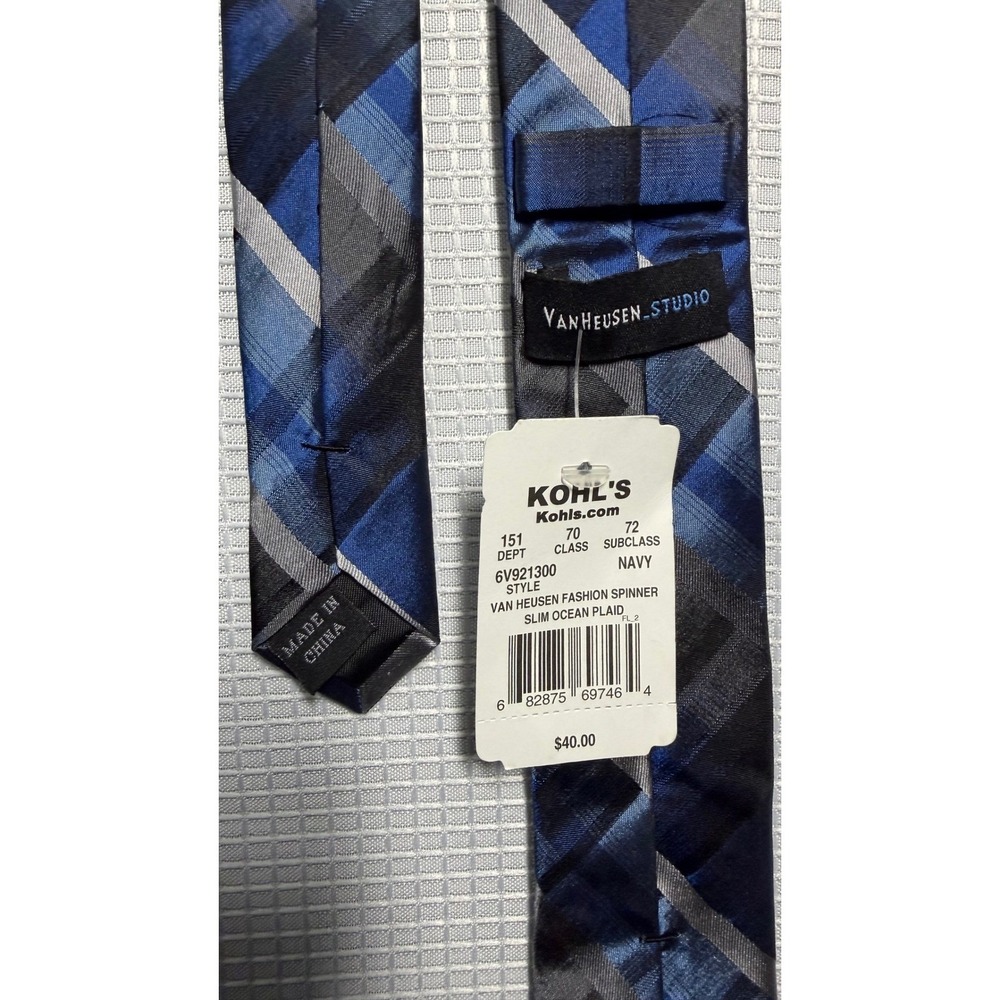 Van Heusen Slim Tie Navy Blue Plaid Mens Necktie - Picture 1 of 4